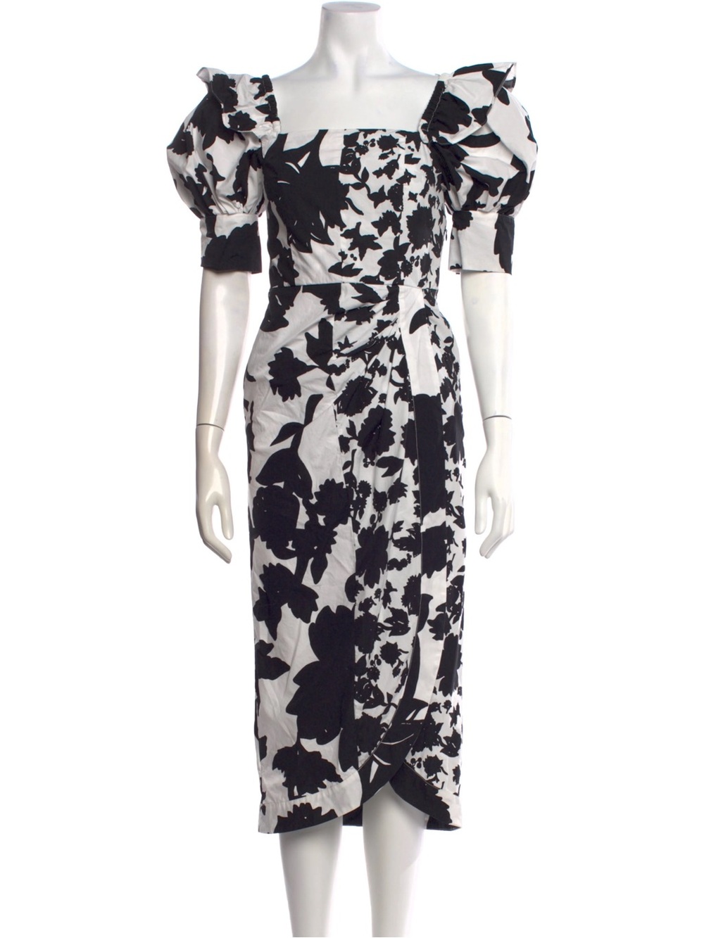 Christopher John Rogers Black and White Floral Puff Sleeve Midi Dress